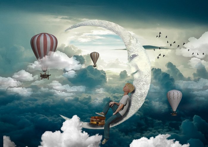 Boy Jeans Shirts Moon Balloon Clouds Sky